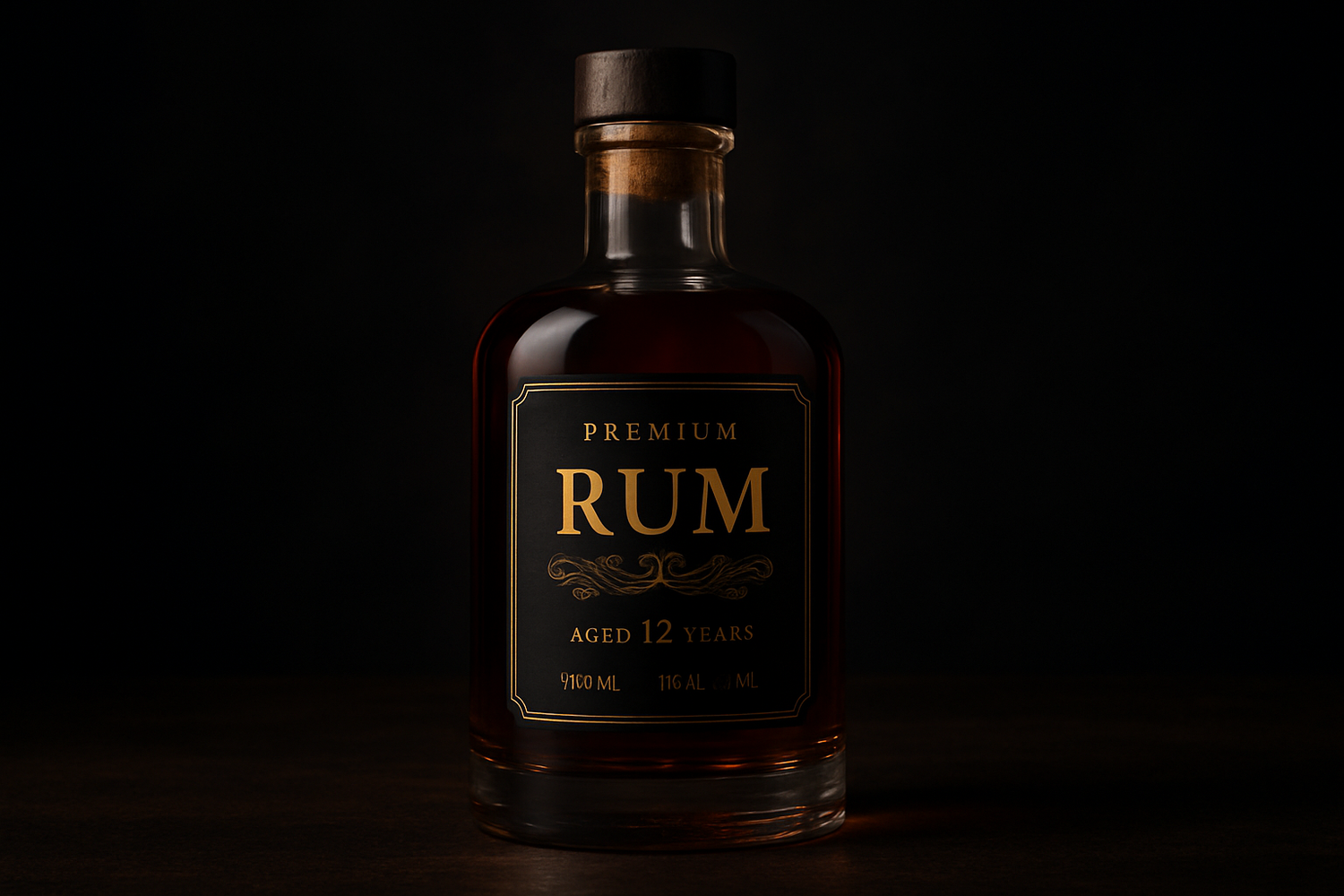 realizza un'immagine realistica di una pregiata bottiglia di rum. tema scuro