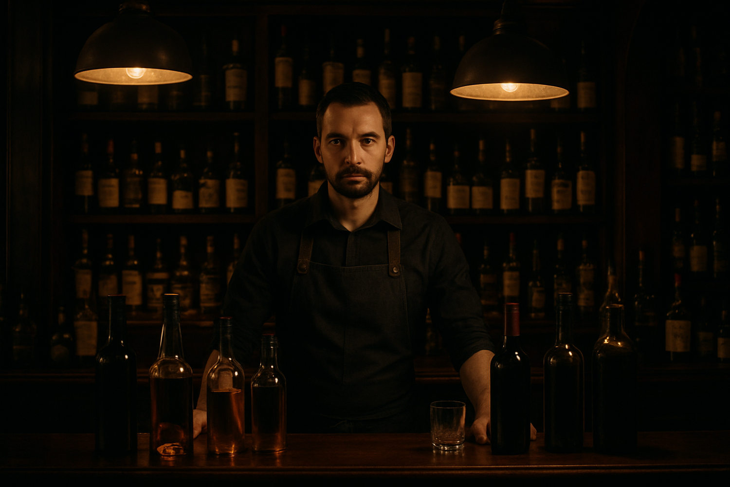 un'immagine realistica di una persona che vende al banco degli alcolici. tema scuro