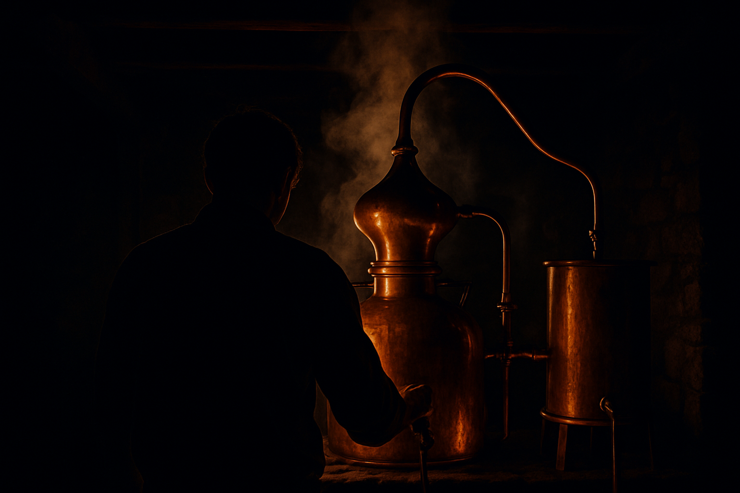un'immagine realistica di una persona di spalle che sta distillando alcolici. il tema deve essere scuro